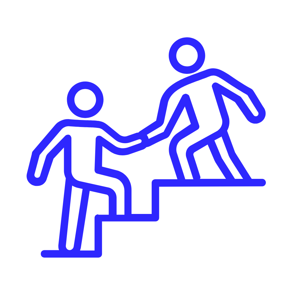 Icon of people helping each other climb up a staircase.